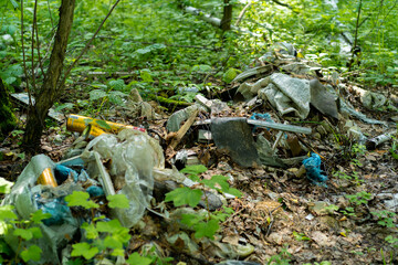 garbage dump in the forest illegal dumping of garbage violates the ecology of the world. High quality photo