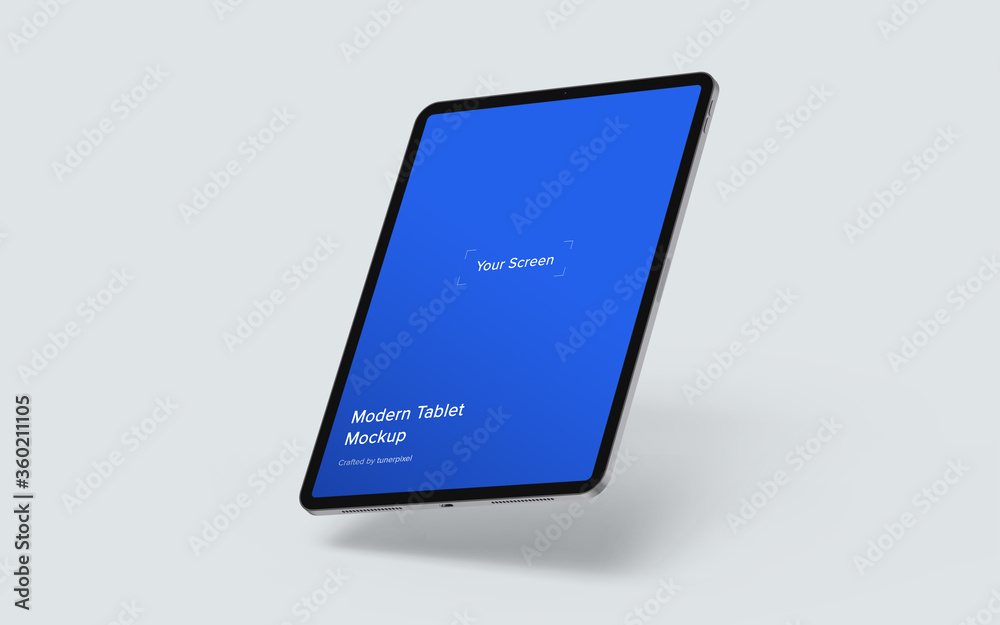 Wall mural floating tablet mockup | fully editable file, replaceable screen, separated shadow and background