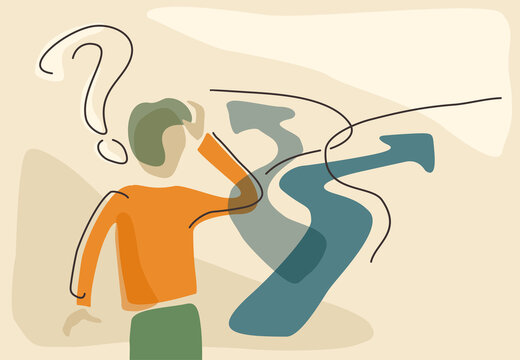 Confused man at crossroads before important choice (correct decision choosing) - vector illustration for business concept or political election