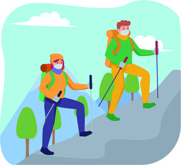 Woman and man are hiking together while keep using medical mask