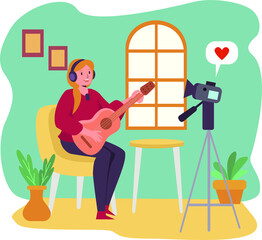 Vlogger woman  is doing live music vlog at home