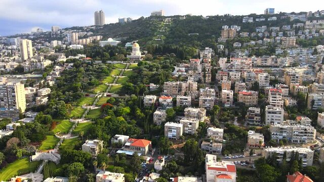Haifa, Israel, June 19, 2020 : Aerial view of downtown of Haifa, Bahai Garden and Bahai Temple in Haifa, Israel