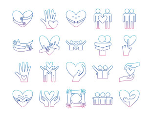Hug and love degraded line style icon set vector design