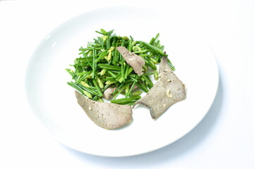 stir fried garlic chives with pork liver on plate