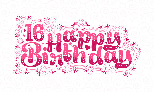 16th Happy Birthday lettering, 16 years Birthday beautiful typography design with pink dots, lines, and leaves.