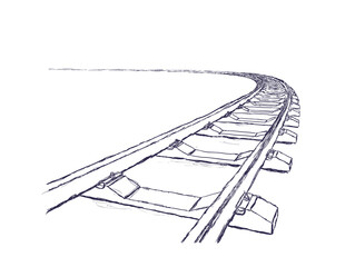 The railway going forward. 3d vector illustration on a white. Hand-drawn pencil style