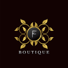 Golden F Letter Luxury Frame Boutique Initial Logo Icon, Elegance logo letter design template