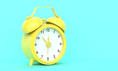 Classic vintage shiny yellow alarm clock on a turquoise background with place for text. 3d rendering