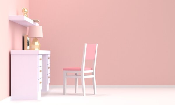 Interior of a home workplace with white furniture and a pink wall. Side view. 3d rendering © Marharyta Pavliuk