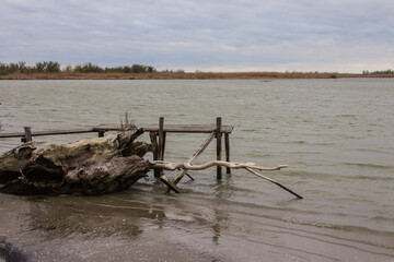 A small wooden pier in the Danube Delta near the town of Vylkove. Ukraine