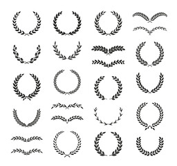 Set of different black and white silhouette round laurel foliate, oak and olive wreaths depicting an award, achievement, heraldry, nobility, emblem. Vector illustration.