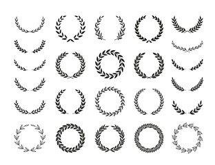 Set of different black and white silhouette round laurel foliate and olive wreaths depicting an award, achievement, heraldry, nobility, emblem. Vector illustration.