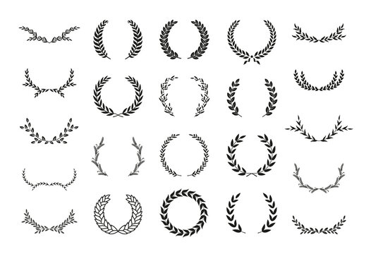 Set of different black and white silhouette laurel foliate, wheat and olive wreaths depicting an award, achievement, heraldry, nobility, emblem. Vector illustration.