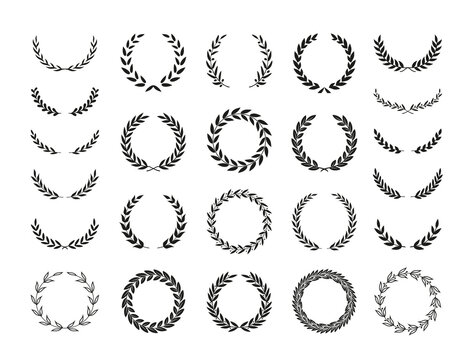 Set of different black and white silhouette round laurel foliate and olive wreaths depicting an award, achievement, heraldry, nobility, emblem. Vector illustration.