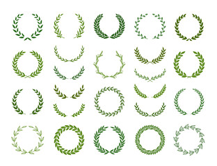 Set of green silhouette laurel foliate, olive  and wheat wreaths. Vector illustration for your frame, border, ornament design, wreaths depicting an award, achievement, heraldry, emblem, logo.
