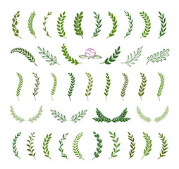 Set of green silhouette tree branches with laurel, oak and olive foliate. Vector illustration for your frame, border, ornament design, wreaths depicting an award, achievement, heraldry, emblem, logo.