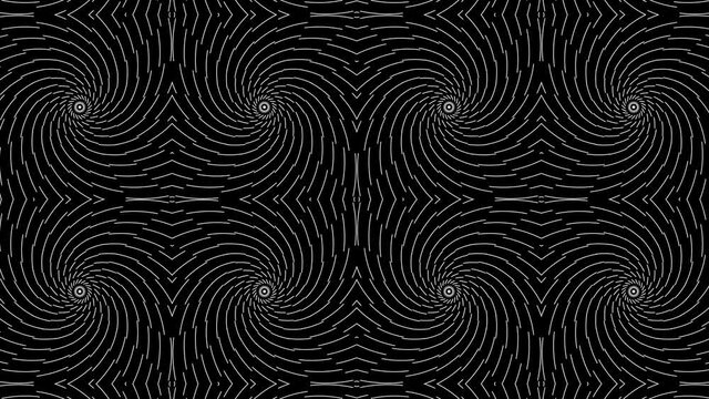 Hypnotic effect with many screens of spiral lines. Circle striped halftones. Psychedelic optical illusion. Seamless looping animation.