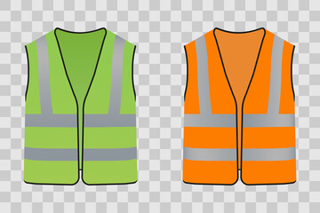 Reflective safety vest for people. Orange or green construction jacket. Clothing form or safety cloth, fluorescent wear for worker. Warning equipment for road
