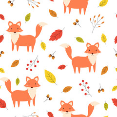Obraz na płótnie Canvas Cartoon animal background hand drawn fox Seamless vector pattern
