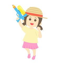 水鉄砲で遊ぶ少女のイラスト