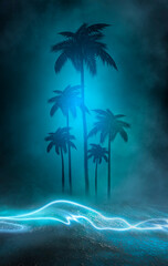 Fototapeta na wymiar Empty dark tropical background of night sea beach, neon light, city lights. Silhouettes of tropical palm trees on a background of bright abstract sunset. Modern futuristic landscape. 3d illustration
