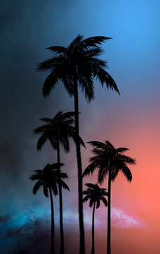 Empty dark tropical background of night sea beach, neon light, city lights. Silhouettes of tropical palm trees on a background of bright abstract sunset. Modern futuristic landscape. 3d illustration