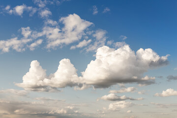 Weird unusual animal silhouette fantasy dream cloudscape on beautiful evening blue sky background. Fluffy cumulus cloud hills floating in clear skyline horizon. Natural sky panorama
