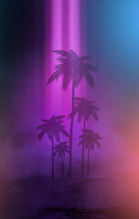 Empty dark tropical background of night sea beach, neon light, city lights. Silhouettes of tropical palm trees on a background of bright abstract sunset. Modern futuristic landscape. 3d illustration