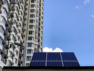 Obraz premium The solar battery panel mounted near modern apartment building in Kyiv, Ukraine.