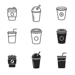 Takeaway drink icons collection draw in outline and black design isolated on white background.  Set of  simple disposable cup vector illustration 