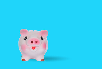 Pink piggy bank isolated on blue background, side view