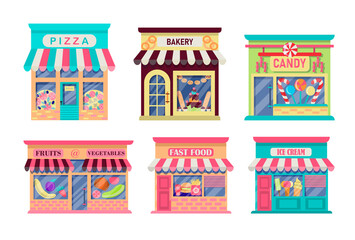 Set of food stores. Pizzeria, fast food, fruit and vegetables, ice cream, bakery, candy. Exterior facades. Collection of store facades isolated on a white background.Vector illustration in flat style