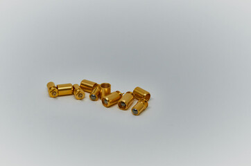Potentiometers stand on the gray background. Many Potentiometers. Macro close up of electronic...