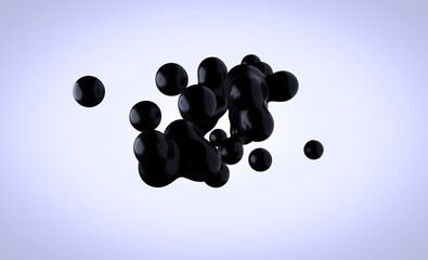 Black elastic metaball in 3d. Small drops are separated from the liquid sphere and connected together on a cold background. Liquid molecule decaying in 3d render.