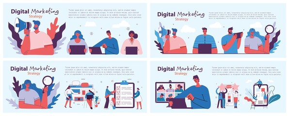 Digital marketing concept illustration in modern flat and clean design. Men and women use laptop and tablet, searching and promoting.