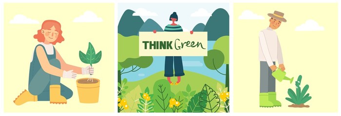 Set of eco save environment pictures. People taking care of planet . Zero waste, think green, save the planet, our home and hand written text