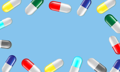 Blank frame capsules medicine and pills top view. Vector illustration on blue background. Health concept.