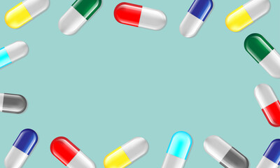 Blank frame capsules medicine and pills top view. Vector illustration on green background. Health concept.