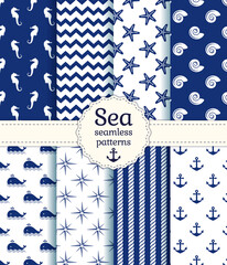 Set of sea and nautical seamless patterns in white and navy blue colors. Vector illustration.