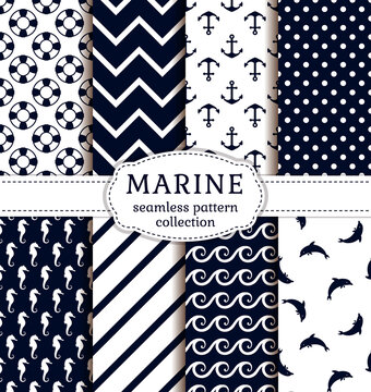 Sea and nautical backgrounds in white and dark blue colors. Sea theme. Seamless patterns collection. Vector set.