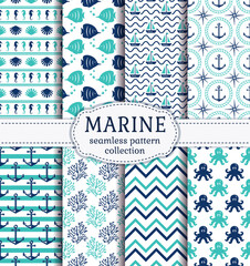 Set of marine and nautical backgrounds in navy blue, turquoise and white colors. Sea theme. Cute seamless patterns collection. Vector illustration.