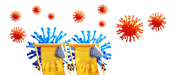 Pair of beach chairs with Coronavirus on vacation