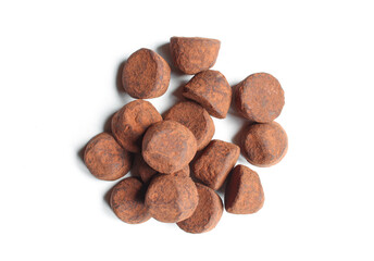 Belgian cocoa dusted chocolate truffles. Classic dessert isolated on white background