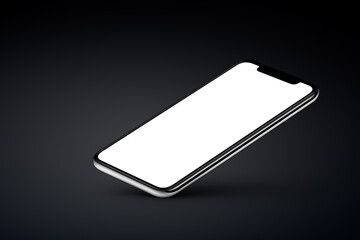 Perspective smartphone mockup on black background. Perspective view smartphone mockup with blank screen rests on one corner with shadow. Use it for mobile game or application UI presentation.