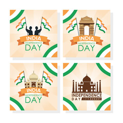 Intependence day india with flags and set icons