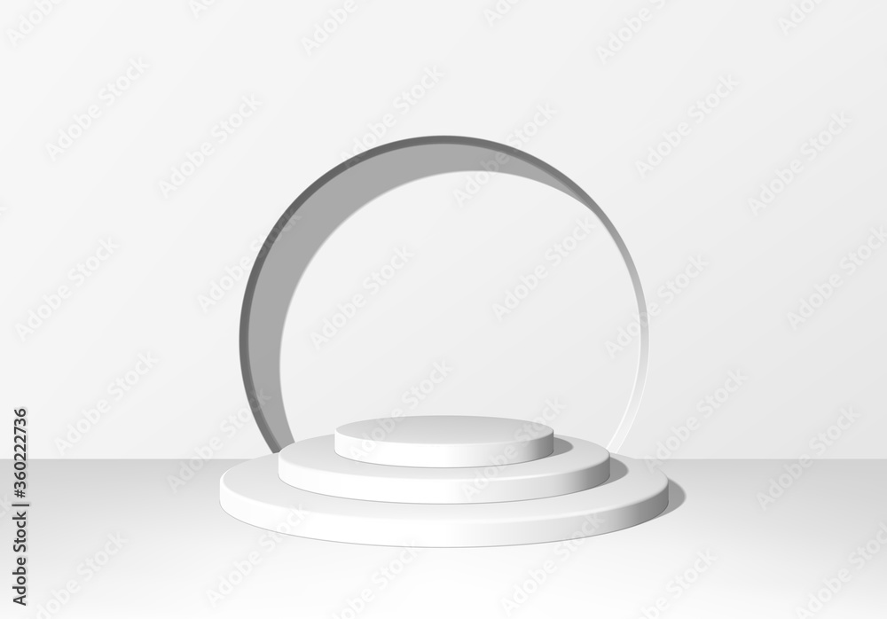 Poster 3d pedestal or podium with round steps on stage and minimalistic white background