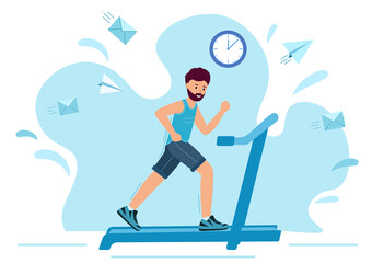 Man running on motorized treadmill. Sportive Man is Jogging on a white background. Time to sport. Vector illustration in modern flat style.