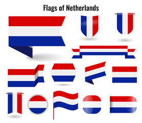 A large set of icons and signs with the flag of the Netherlands. Square and round Netherlands flag. Collection of different types of horizontal and vertical.