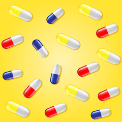 Medicine colorful pills seamless pattern. Yellow background.