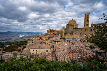 Volterra Tuscany, Toskana town skyline, church and panoramic view, Italy, Fall 